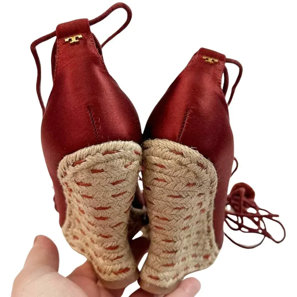 Tory Burch Pom Pom Wedge Espadrilles 5.5 Red NEW
